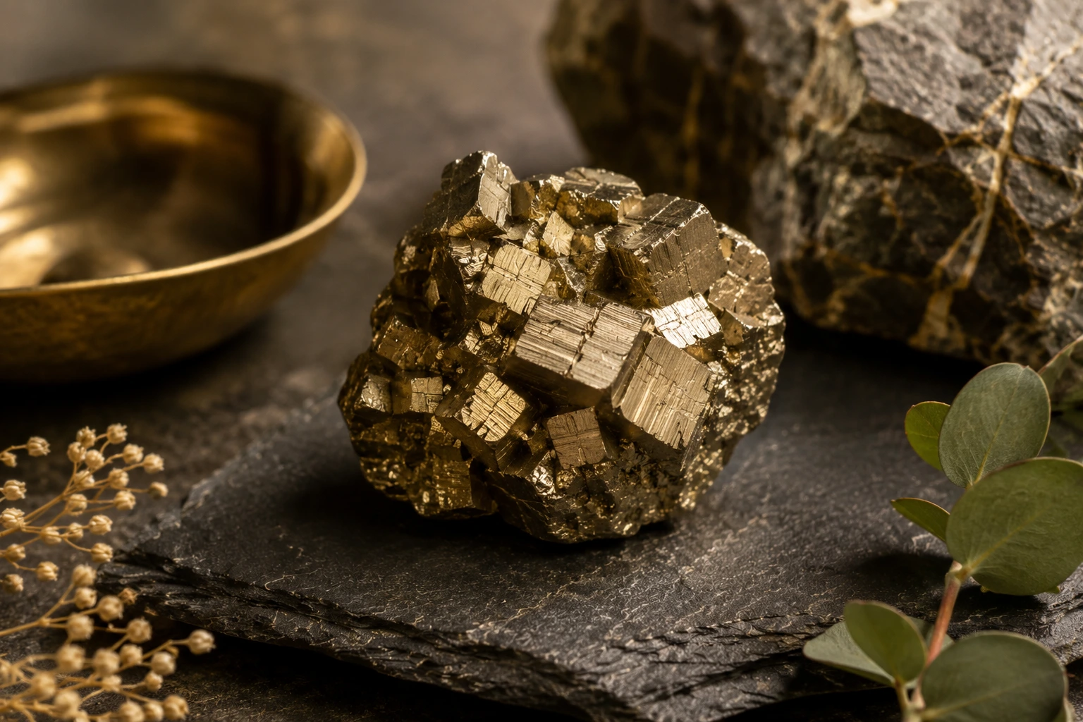 Pyrite naturelle dorée aux cristallisations métalliques – pierre minérale du guide de lithothérapie<br />
