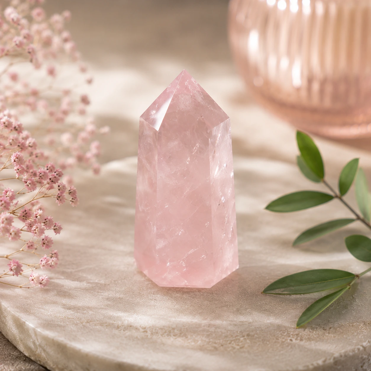 QUARTZ ROSE - GUIDE Quartz rose naturel : pierre rose douce présentée dans un décor élégant<br />