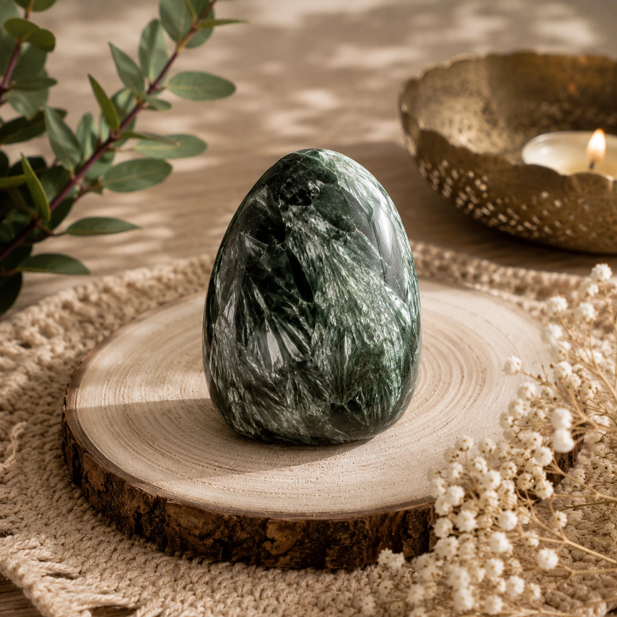 Séraphinite naturelle verte aux inclusions argentées en motifs plumeux
