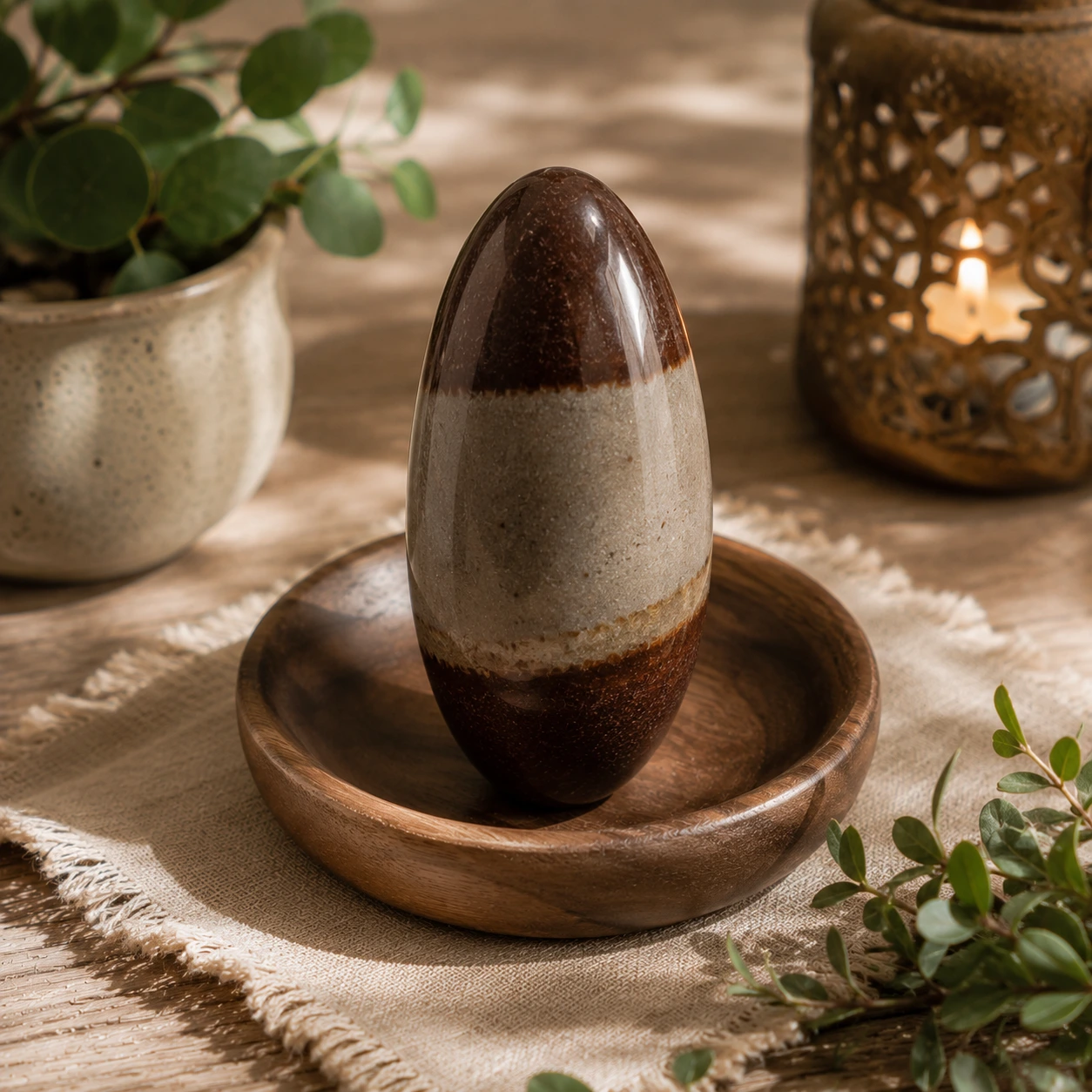 Shiva Lingam naturel aux motifs bruns, beiges et noirs caractéristiques